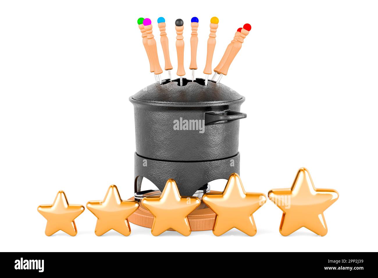 Fondue set with five golden stars, 3D rendering isolated on white