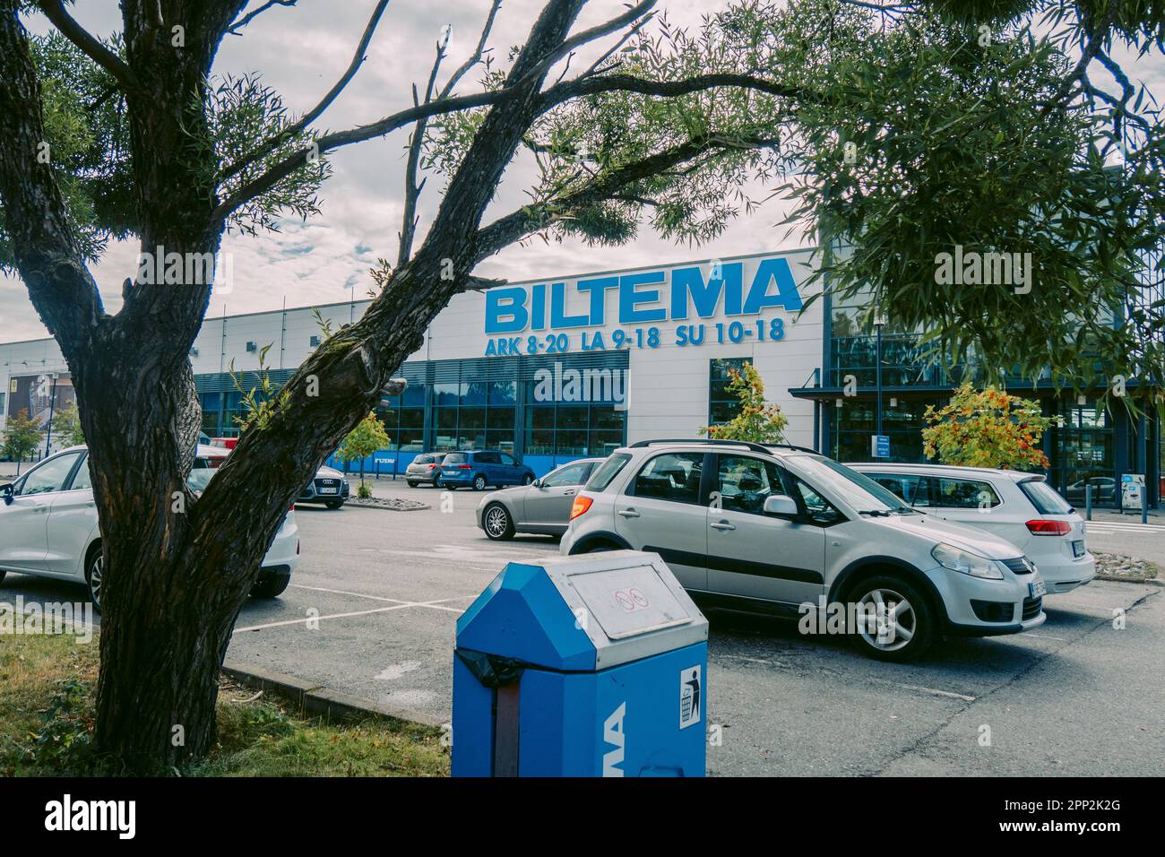 Helsinki, Finland August 22, 2022 BILTEMA store. Blue sign above