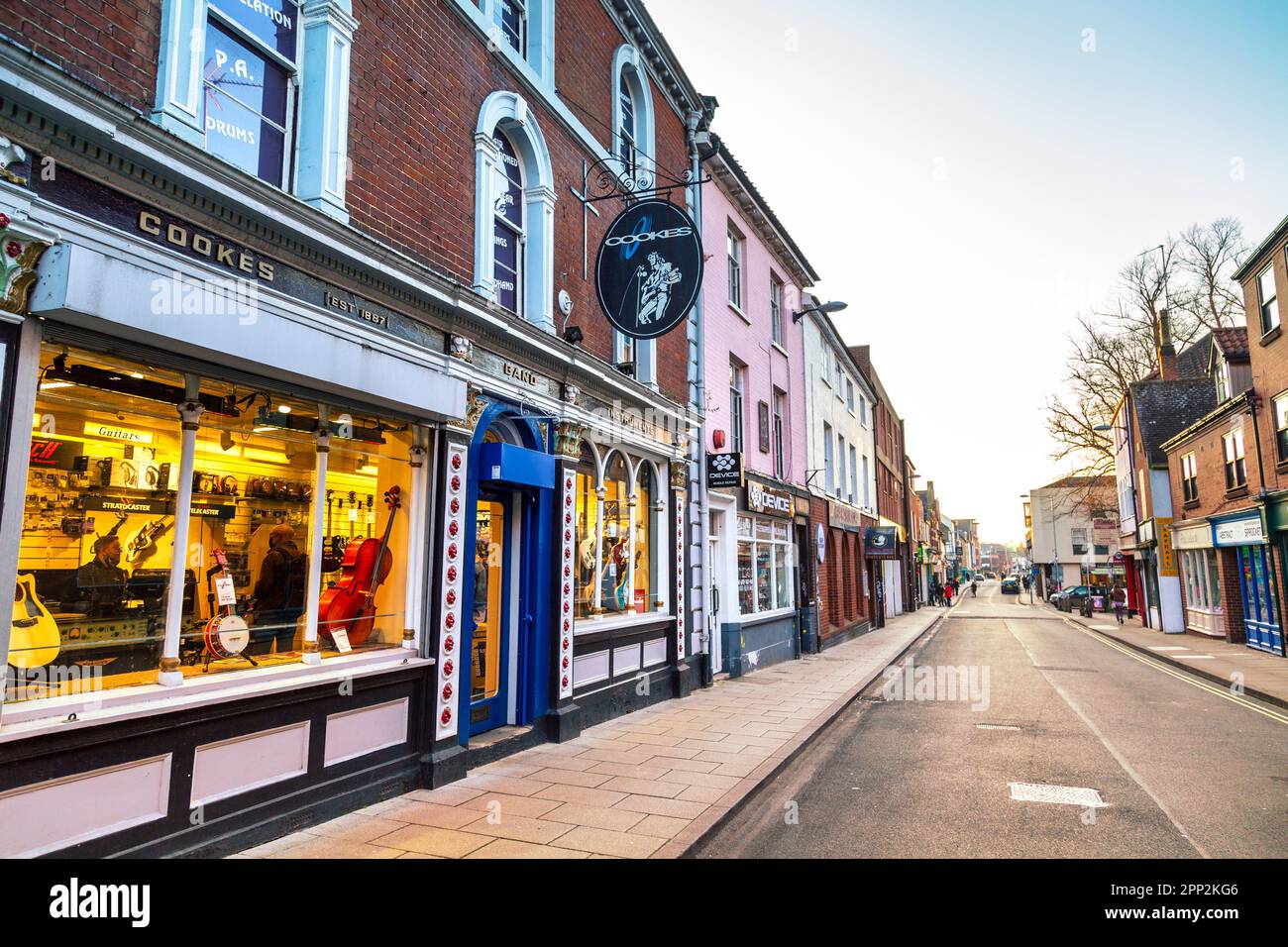 Shops along St. Benedicts Street at evening time, Norwich, Norfolk