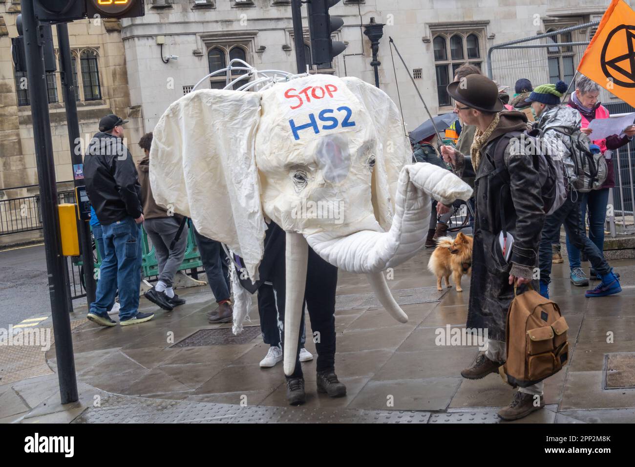 London, UK. 21 Apr 2023. Stop HS2 elephant. Many thousands came to Westminster to take part in the first of 4 days of Extinction Rebellion's protest demanding the government reverse policies that are fuelling climate change with new coal mines and oil fields and encouraging aviation. The protesters say their corruption has wrecked the economy, education system and our NHS, increased fuel costs and cut living standards while they blame poor families, people of colour, and new immigrants. Peter Marshall/Alamy Live News Stock Photo