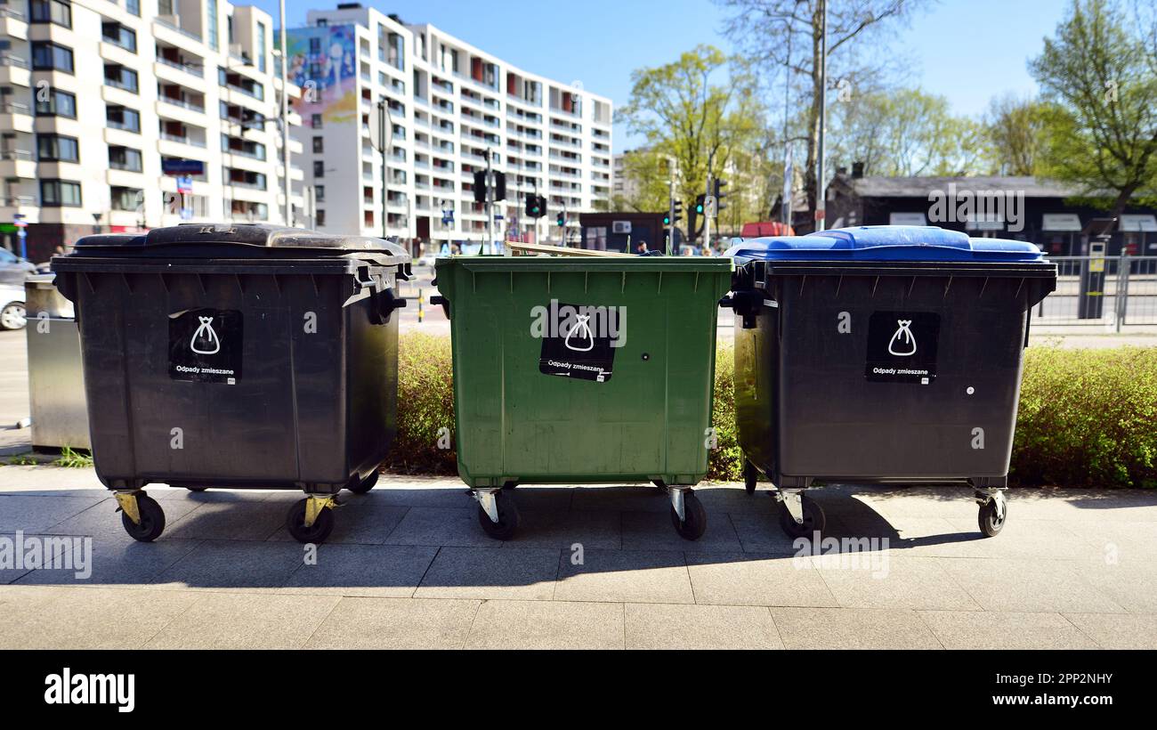 Warsaw, Poland. 21 April 2023. Large plastic garbage cans. Stock Photo