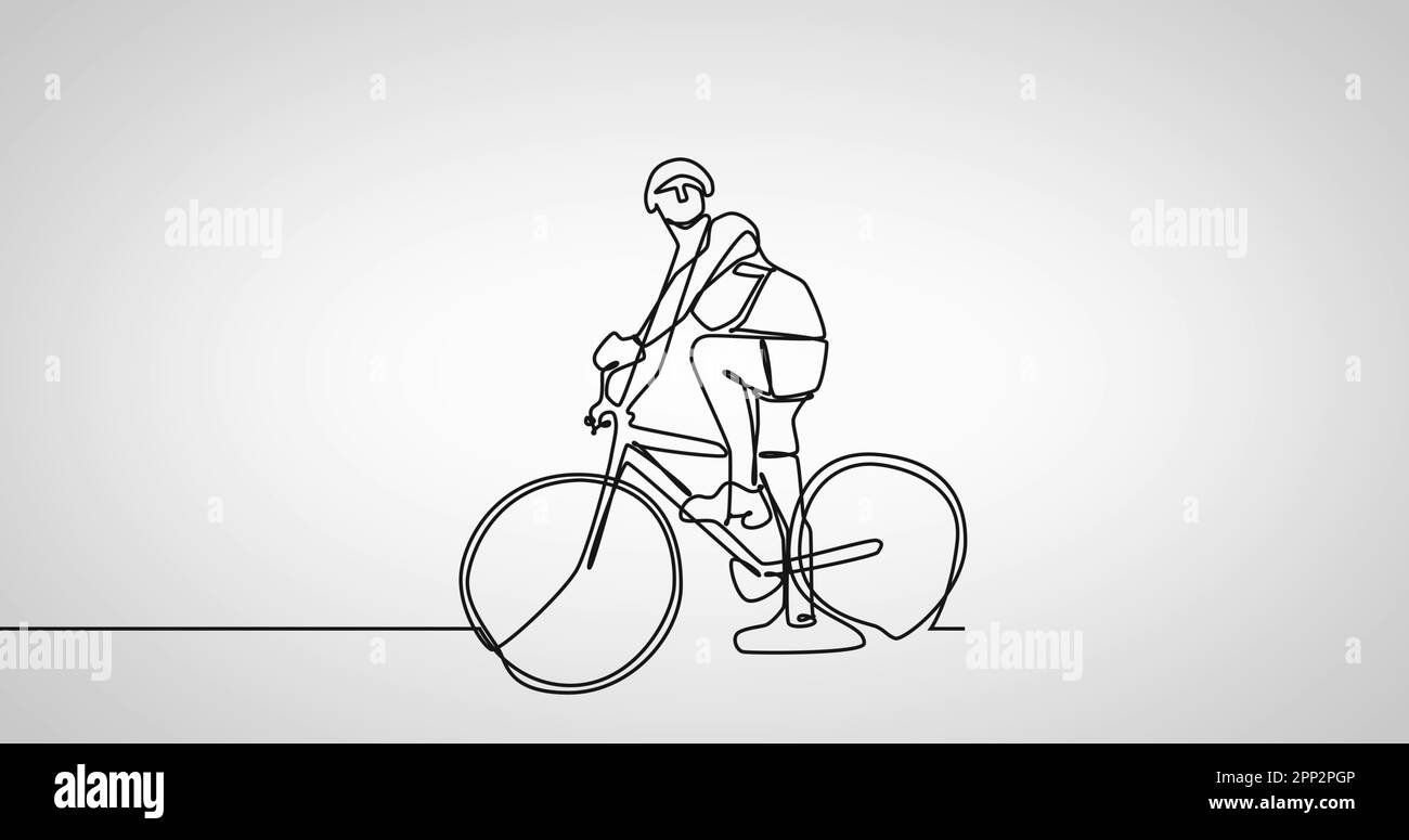 Composition of drawing line with woman riding bike on white background