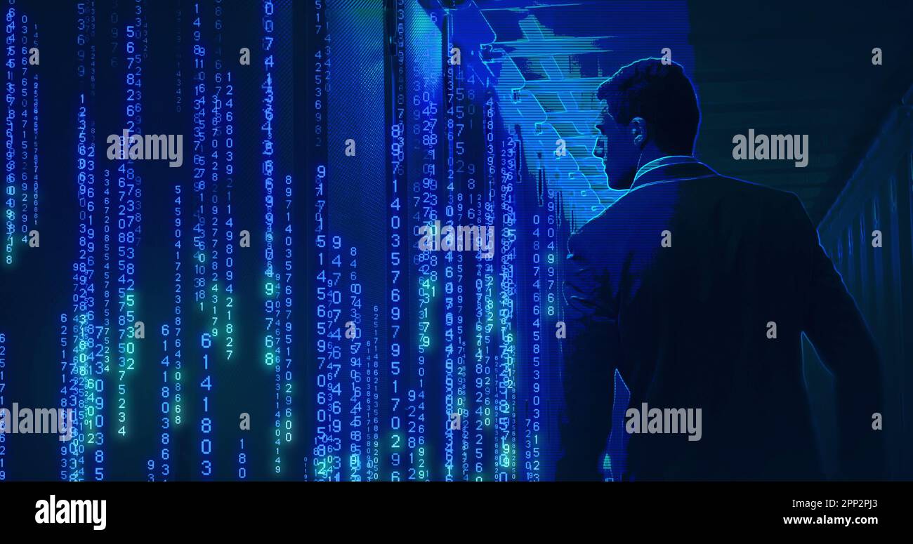 Composition of data processing over caucasian businessman in server room Stock Photo