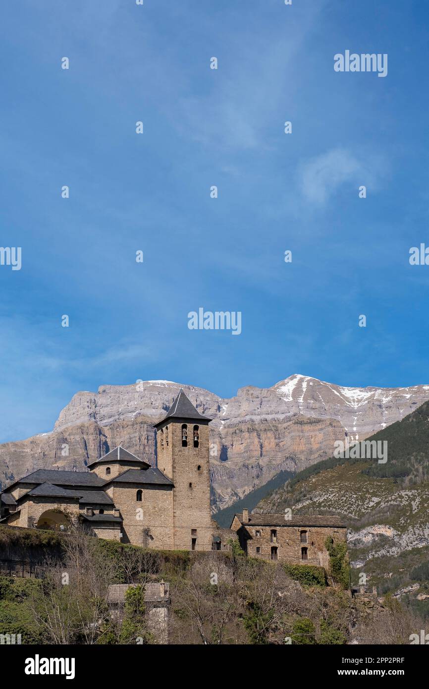 Torla, typical pyrenean village with stone houses with the mountains in the background, gateway to the Ordesa and Monte Perdido National Park in the S Stock Photo