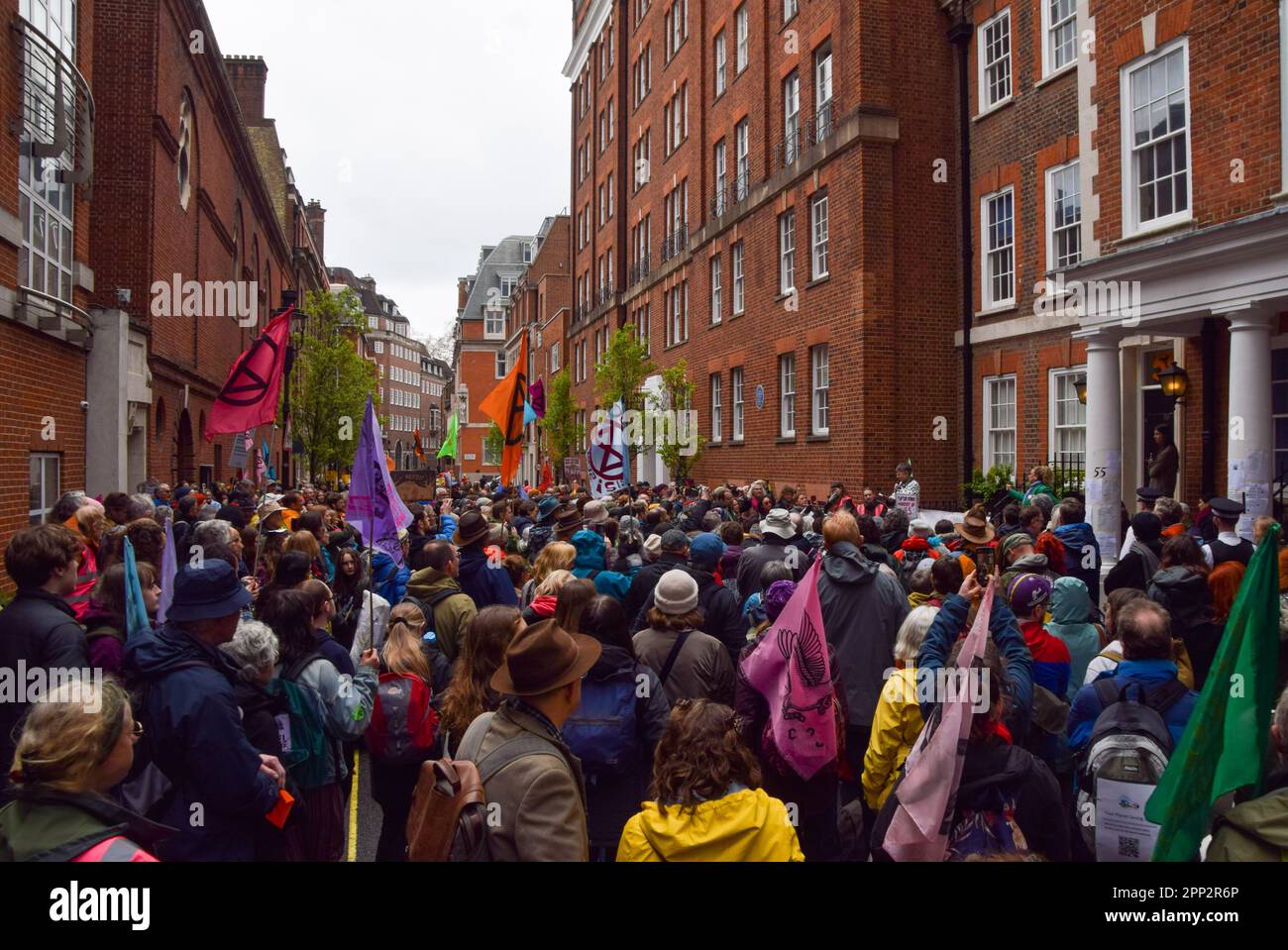 London, UK. 21st April 2023. Protesters gather outside 55 Tufton Street as Extinction Rebellion begin their 4-day protest demanding that the government shifts away from fossil fuels and acts on the climate crisis. Credit: Vuk Valcic/Alamy Live News Stock Photo