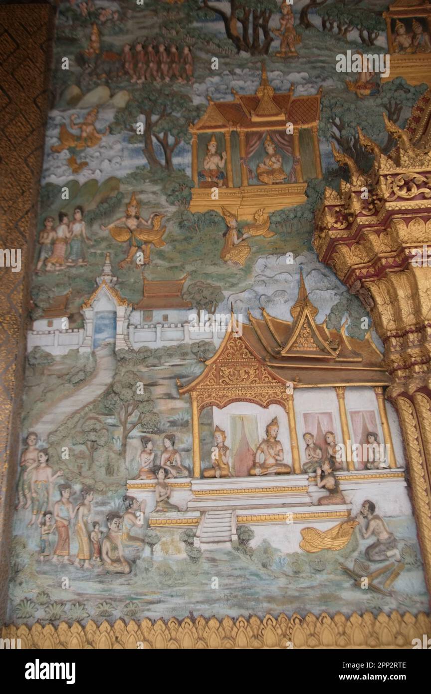 Beautiful Stucco on the Sim or Church architecture of Lan Xang style, there is a mural at Wat Mahathat or Wat That Noi 'The Monastery of Stupa' . Stock Photo