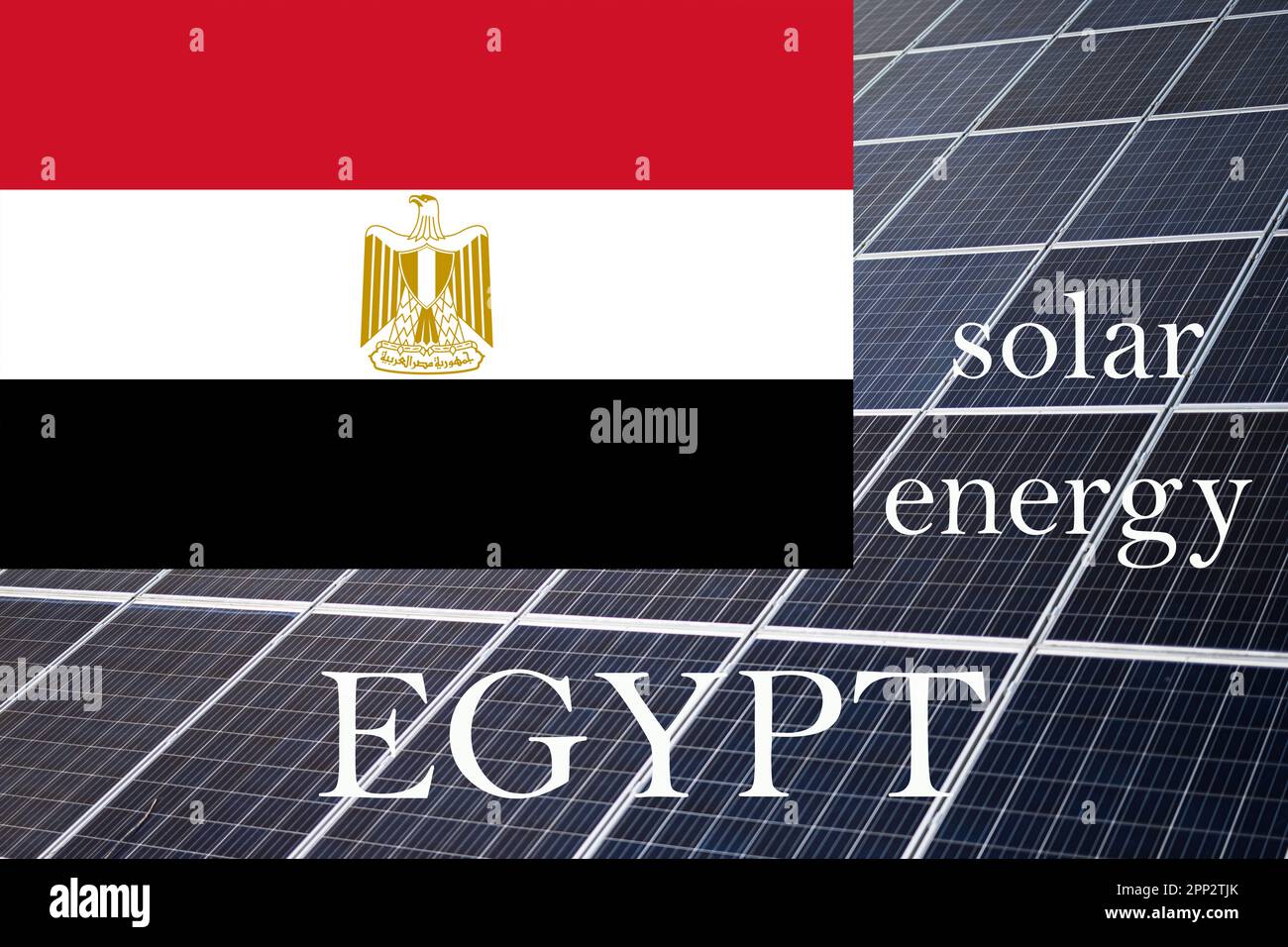 Solar energy panels with Egypt flag background. Sustainable resources