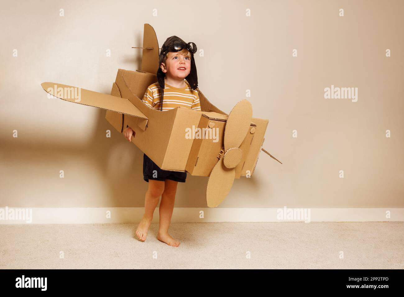 Young boy hold cardboard plane wears hat, glasses, pretends fly Stock Photo Alamy