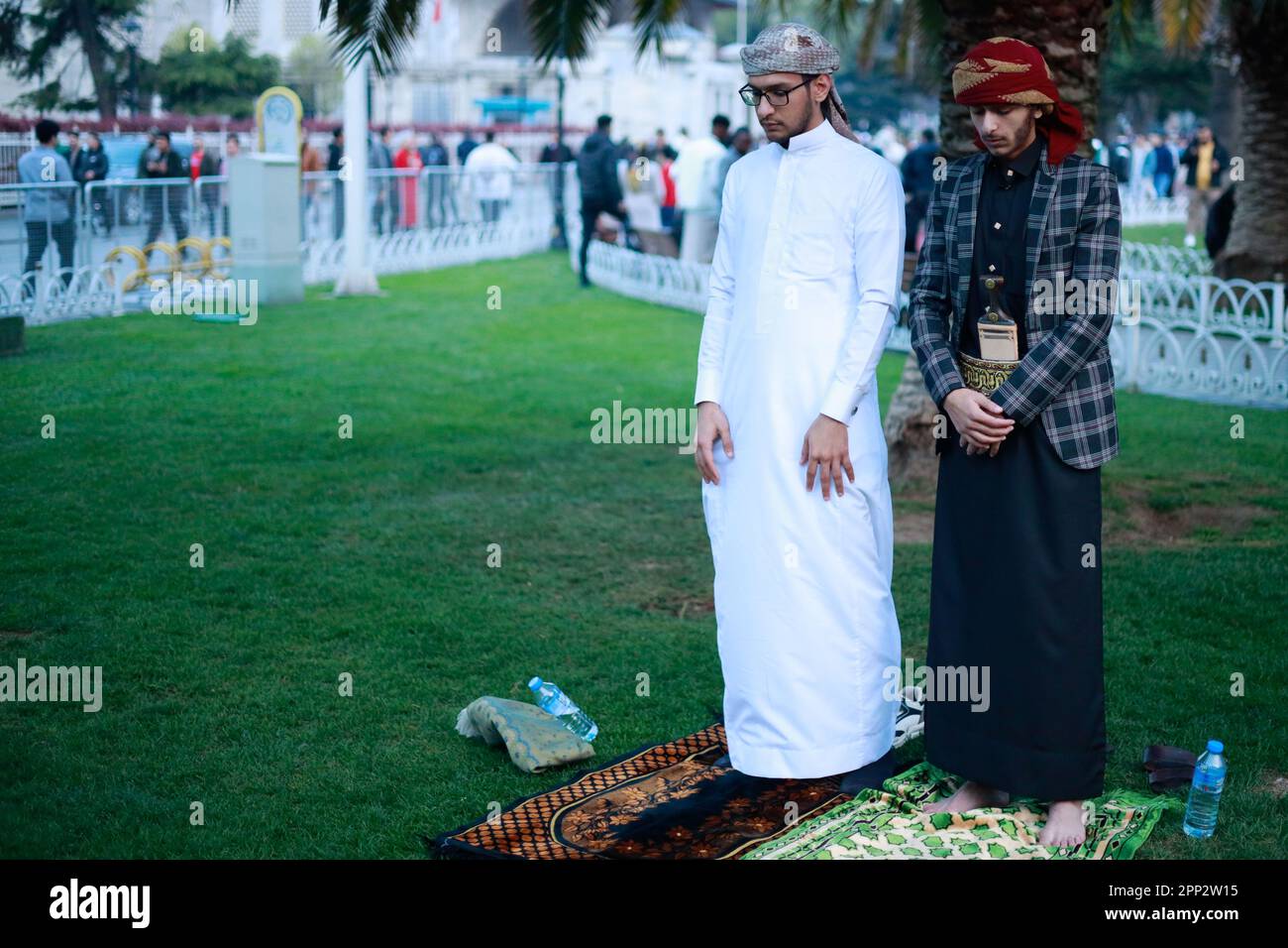 Istanbul, Turkey. 21st Apr, 2023. Muslim men from Yemen offer their