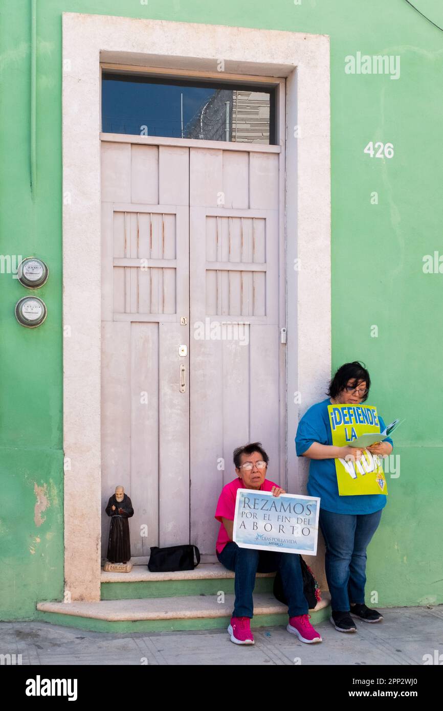 Pro-life activists in the centre of Merida, Mexico Stock Photo