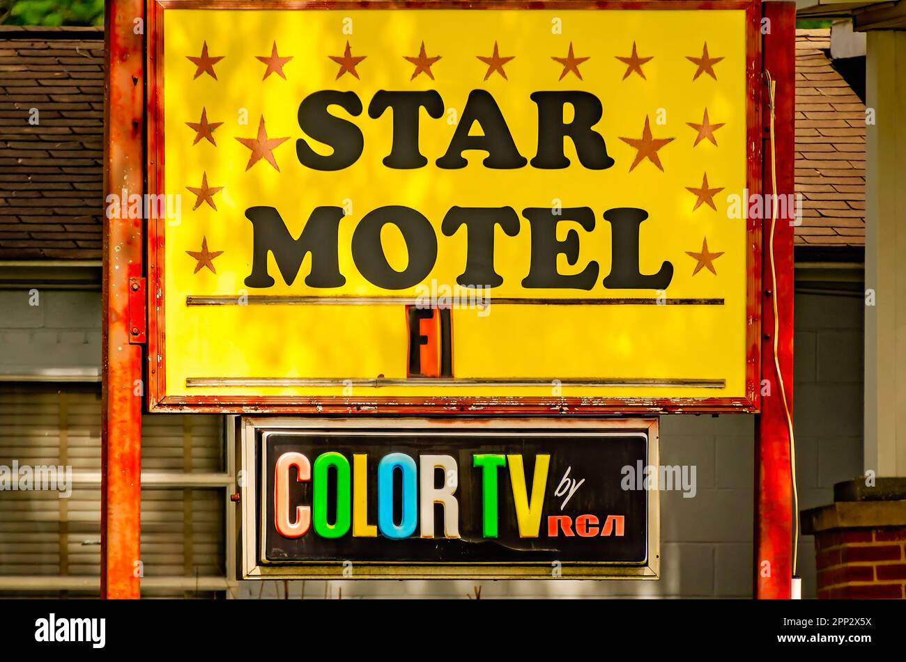Star Motel advertises RCA color television among its amenities, April 16, 2023, in Bay Minette, Alabama. Stock Photo