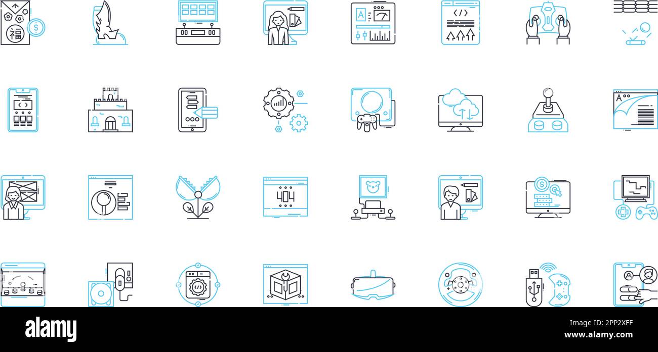 Computer play linear icons set. Gaming, Streaming, Simulations, Programming, Graphics, Virtuality, Roleplaying line vector and concept signs. Online Stock Vector