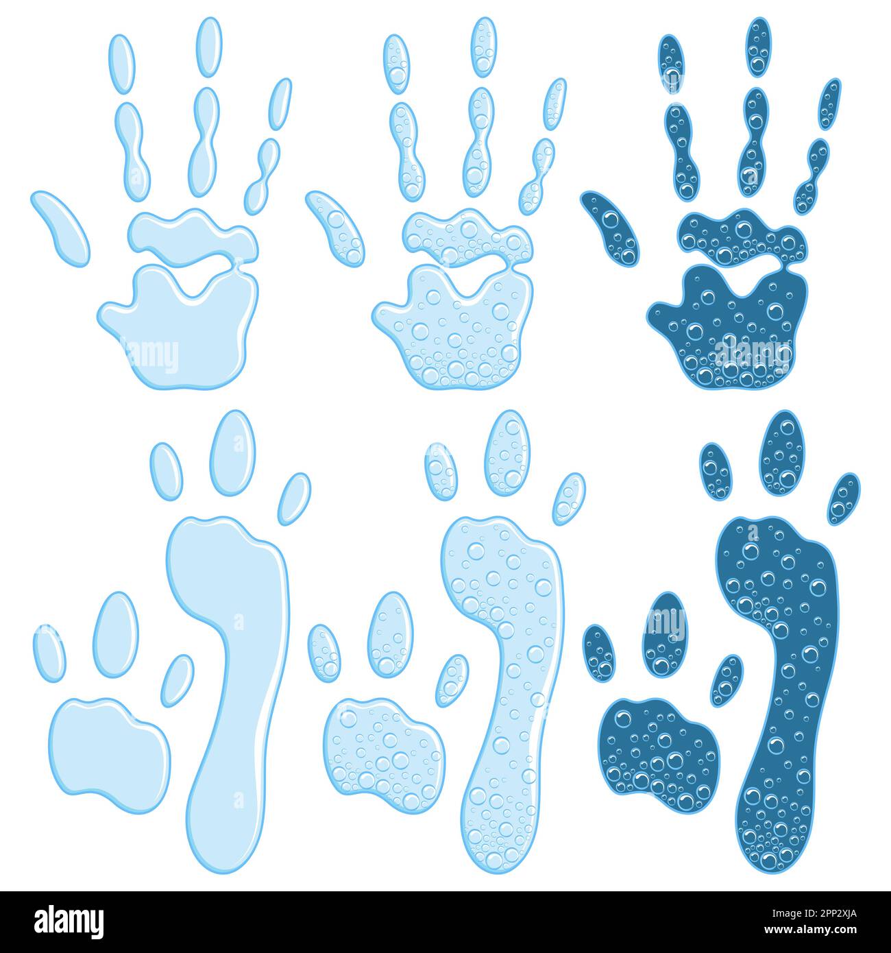 Set of color illustrations with alien footprint and handprint. Isolated vector objects on white background. Stock Vector