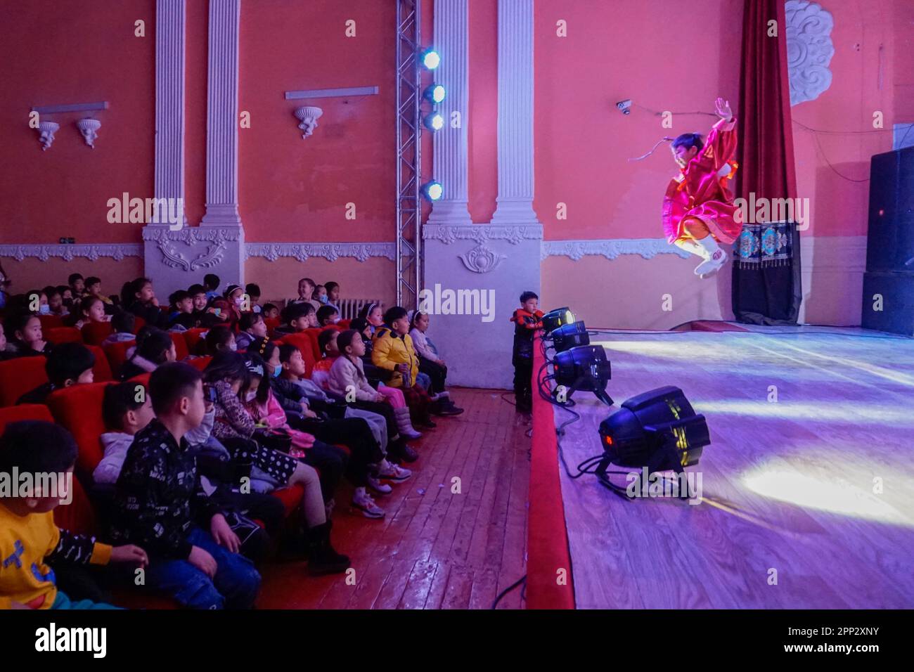 A member of children’s dance ensemble Warm Spring performs during its first tour in Dalanzadgad, Umnugovi province, Mongolia on Feb. 16, 2023. (Uranchimeg Tsoghuu/Global Press Journal) Stock Photo