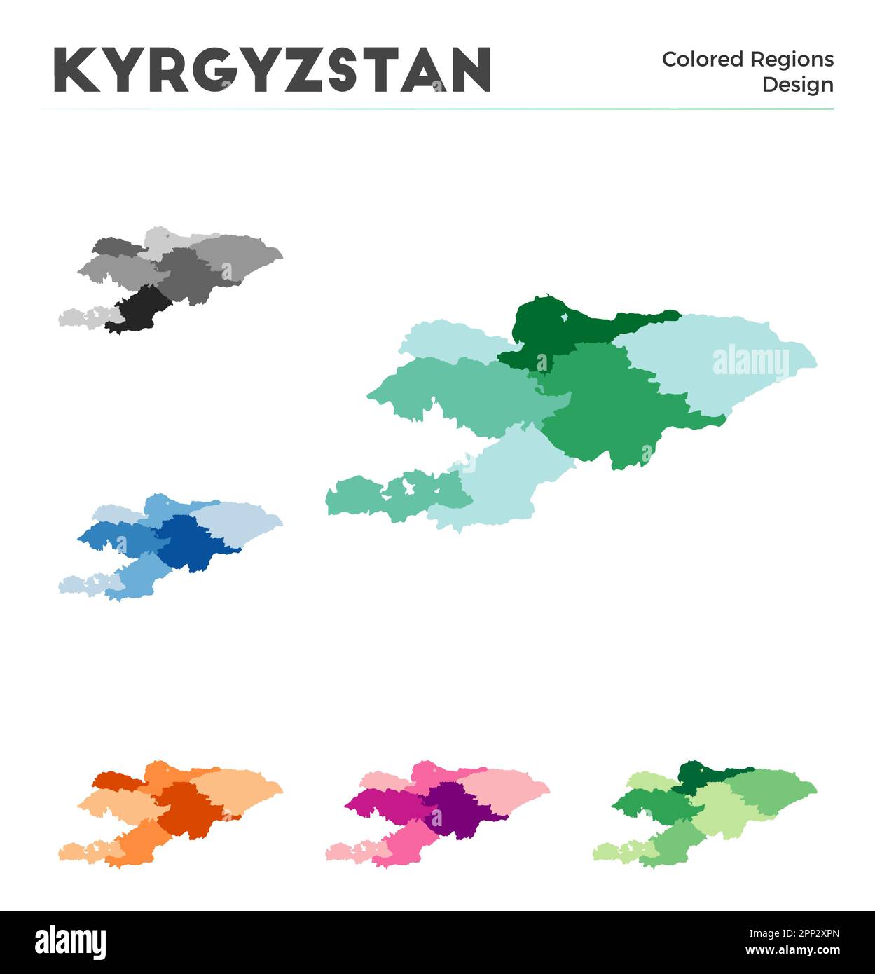Kyrgyzstan map collection. Borders of Kyrgyzstan for your infographic. Colored country regions. Vector illustration. Stock Vector