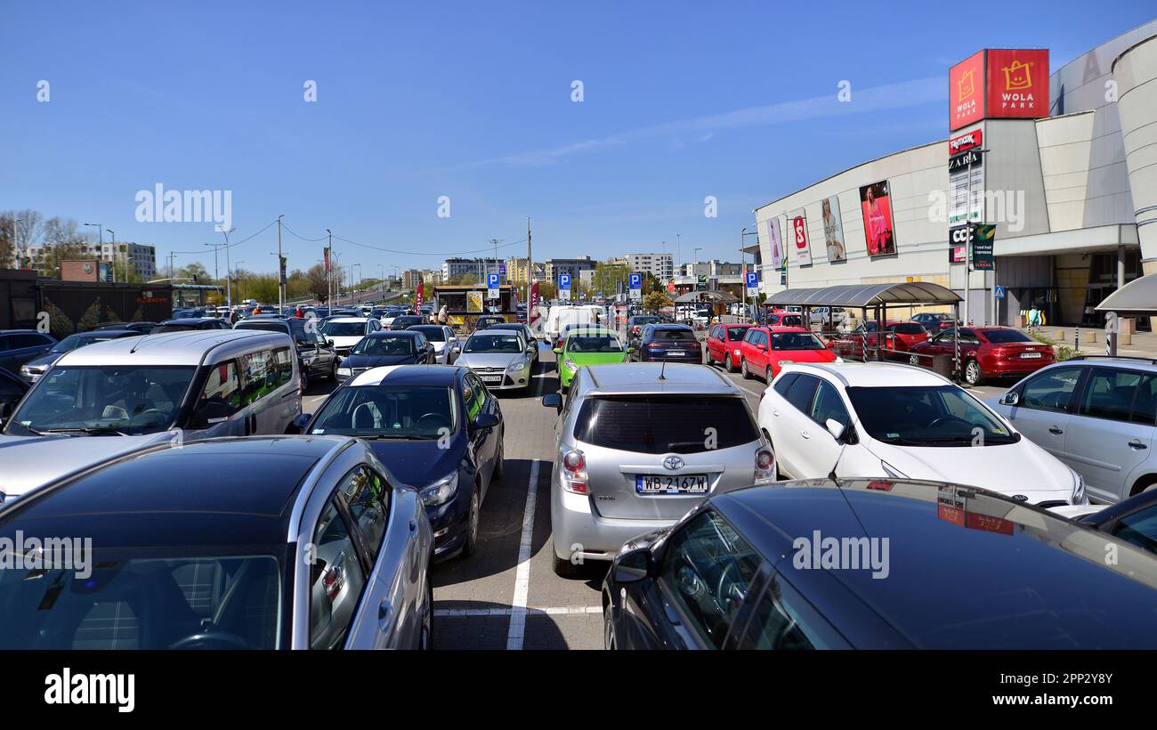 Warsaw, Poland. 21 April 2023. Behind the parked cars you can see the