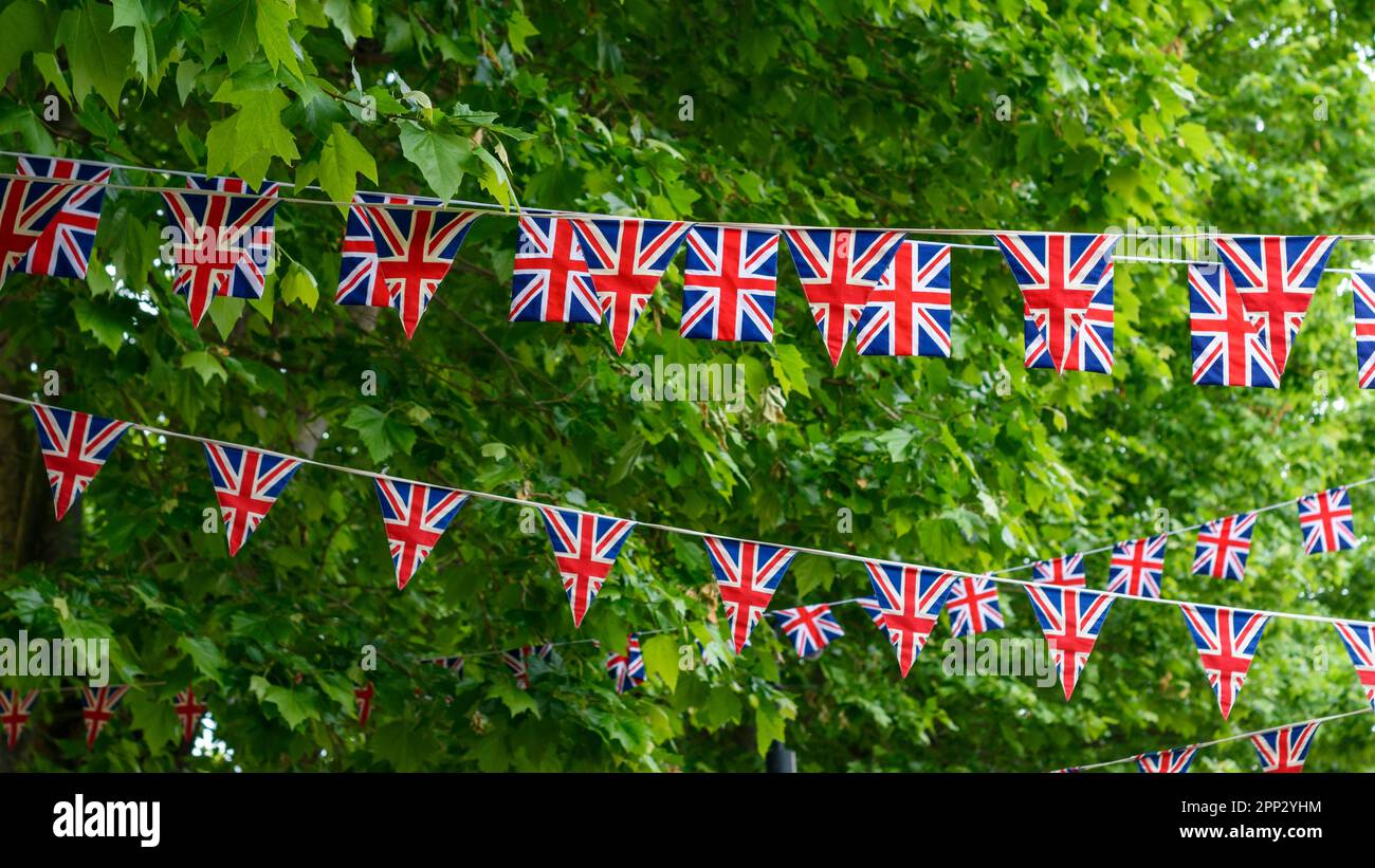 Union Jack flags hanging at the street ready to national holiday