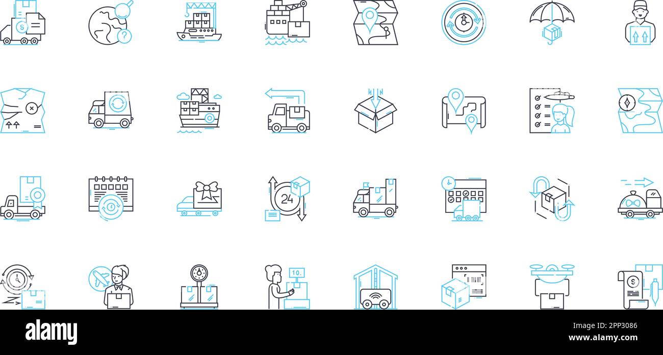 Prompt delivery linear icons set. Swiftness, Efficiency, Rapidity, Punctuality, Expediency, Alacrity, Timeliness line vector and concept signs Stock Vector