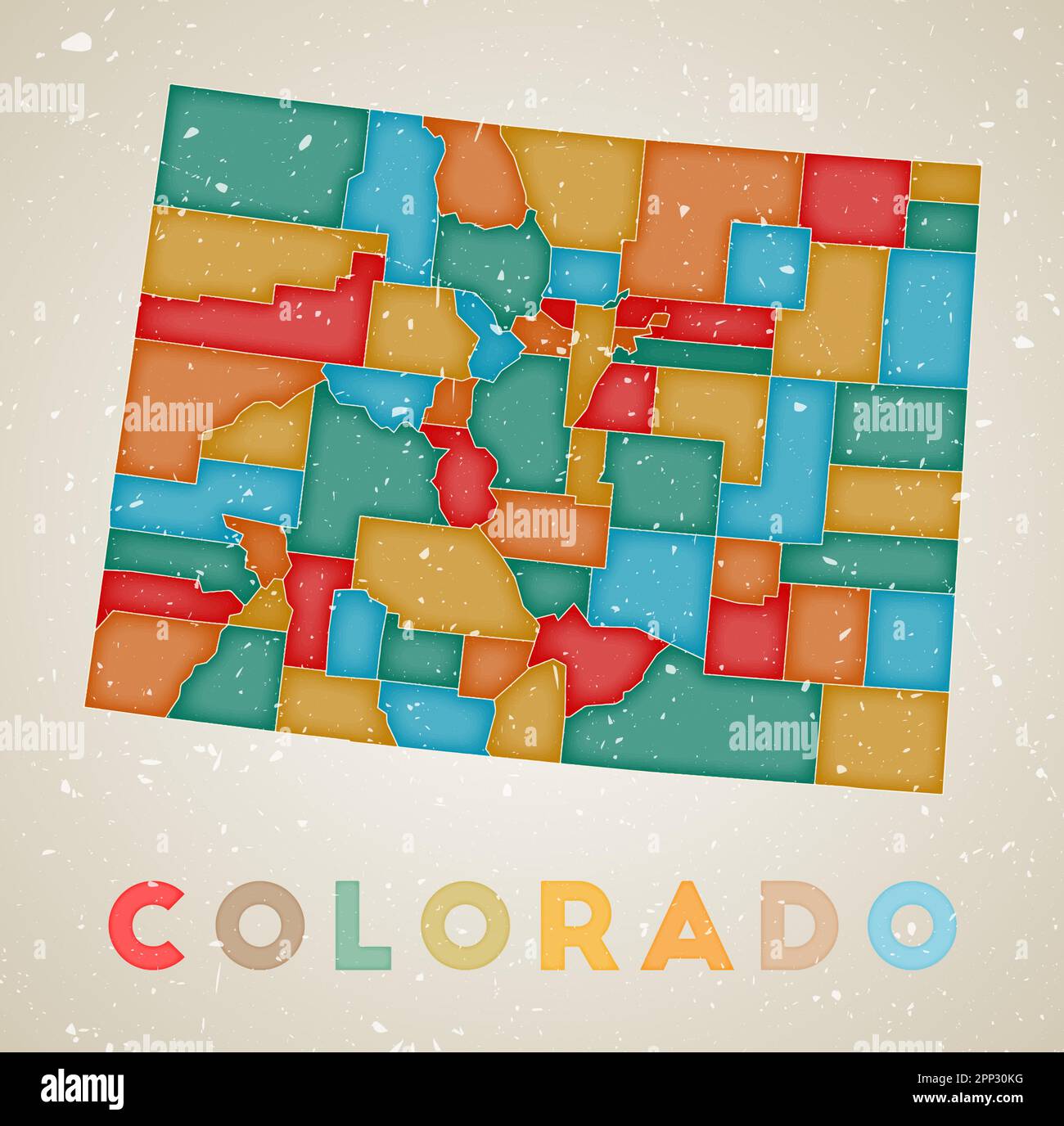Colorado map. Us state poster with colored regions. Old grunge texture