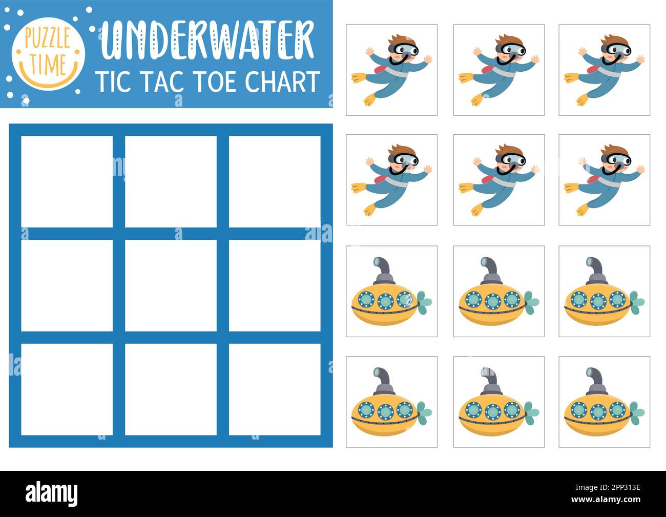 Vector under the sea tic tac toe chart with diver and submarine. Ocean