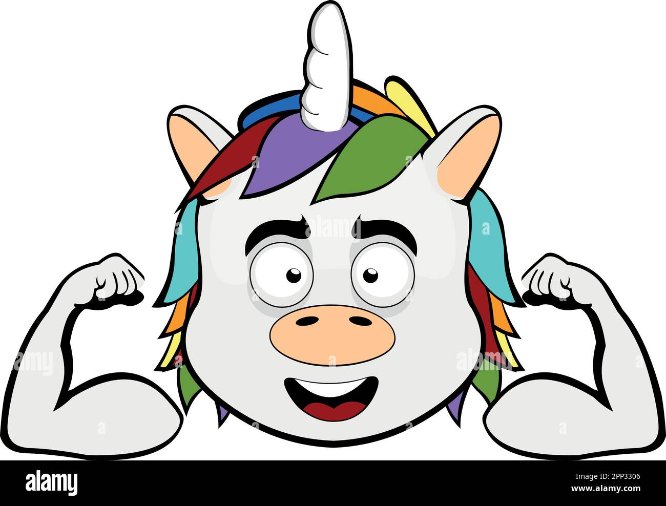 Vector illustration face of a cartoon unicorn showing the biceps of the arms Stock Vector