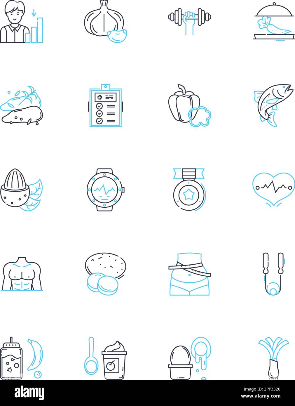 Vibrant health linear icons set. Energy, Vitality, Wellness, Strength, Endurance, Flexibility