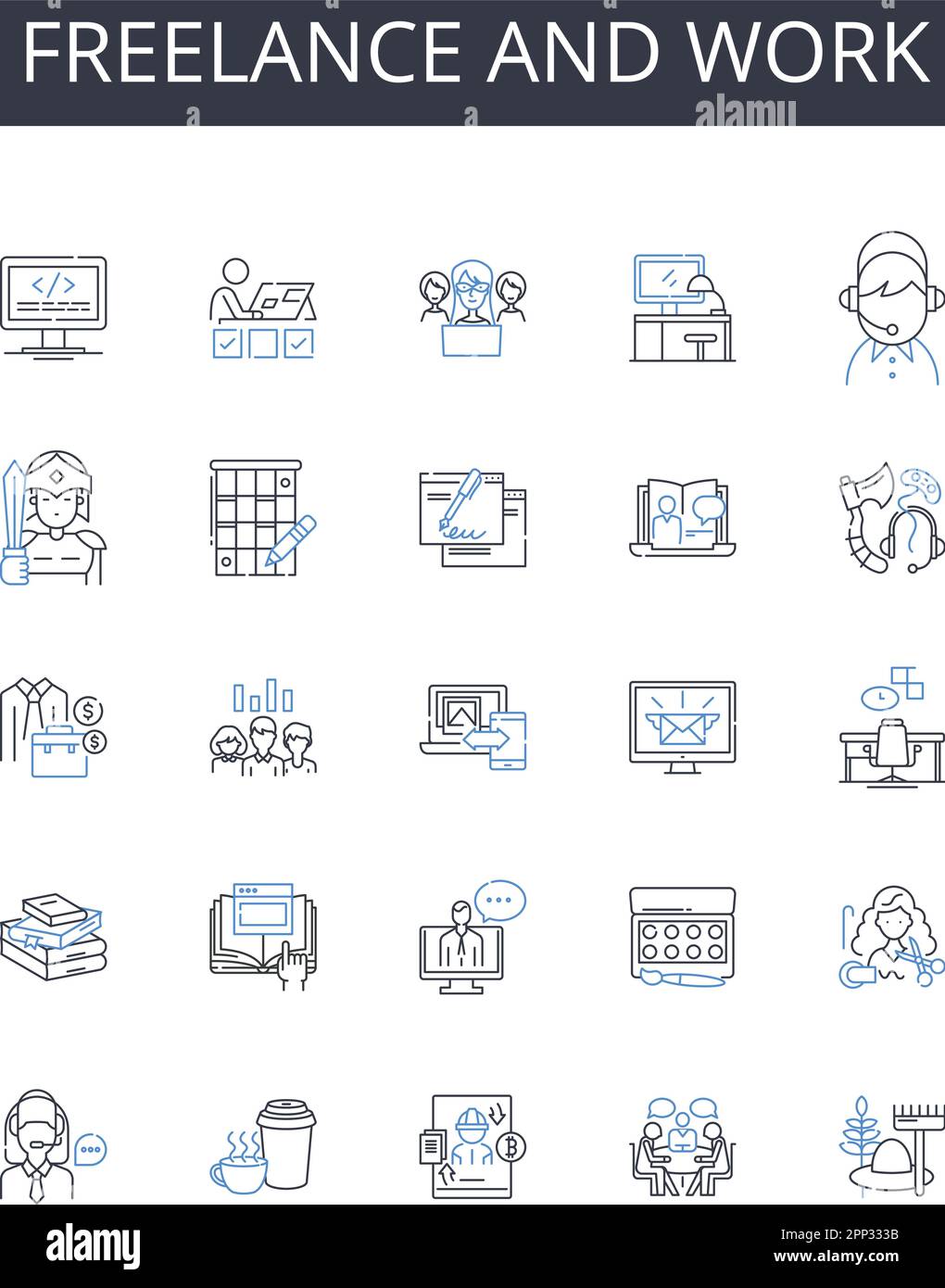 Freelance and work line icons collection. Independent, Contractual, Part-time, Project-based, Temporarily employed, Self-employed, Outsourced vector Stock Vector
