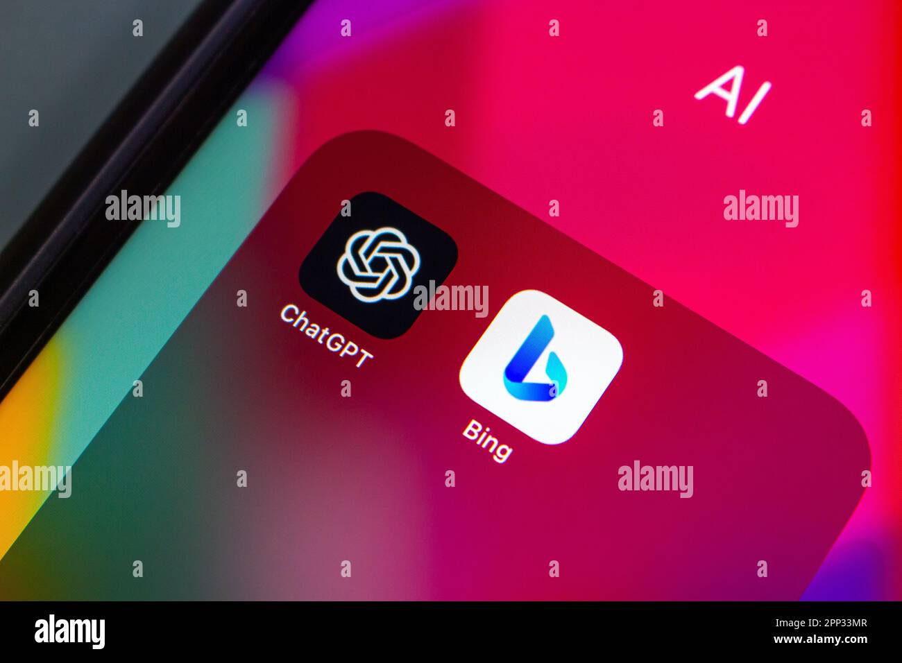 Vancouver, CANADA - Apr 19 2023 : ChatGPT and Microsoft Bing icons seen in an iPhone screen. Stock Photo