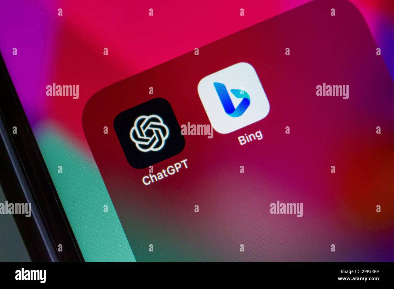 Vancouver, CANADA - Apr 19 2023 : ChatGPT and Microsoft Bing icons seen in an iPhone screen. Stock Photo