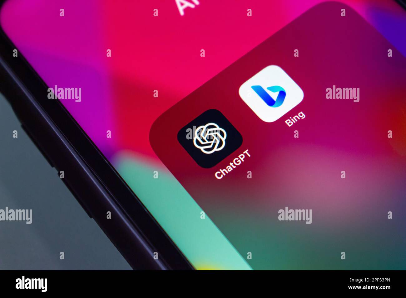 Vancouver, CANADA - Apr 19 2023 : ChatGPT and Microsoft Bing icons seen in an iPhone screen. Stock Photo