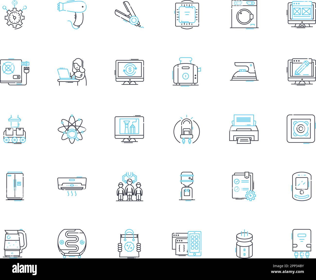 Appliance stock linear icons set. Inventory, Refrigerators, Washers, Dryers, Stoves, Ovens, Dishwashers line vector and concept signs. Freezers Stock Vector