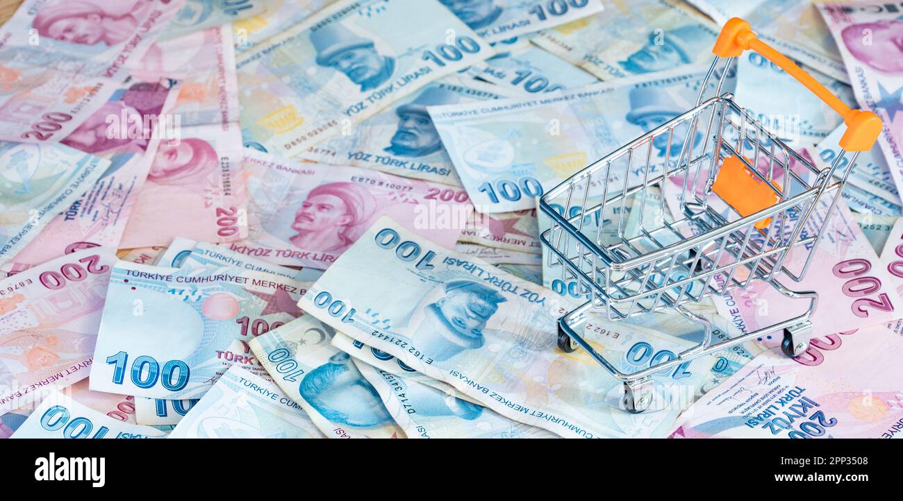 Cost of living concept. Empty cart on a stack of Turkish liras