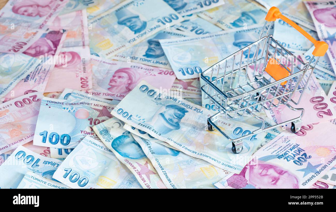 Cost of living concept. Empty cart on a stack of Turkish liras