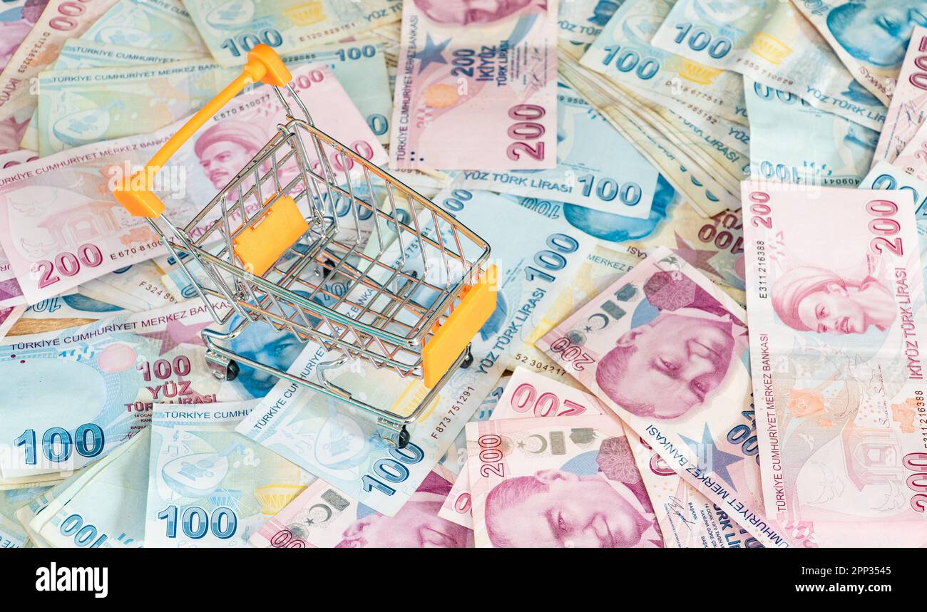 Cost of living concept. Empty cart on a stack of Turkish liras