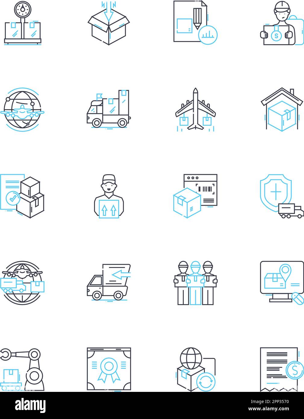 Transport logistics linear icons set. Freight, Trucking, Distribution, Shipping, Haulage, Supply chain, Warehousing line vector and concept signs Stock Vector