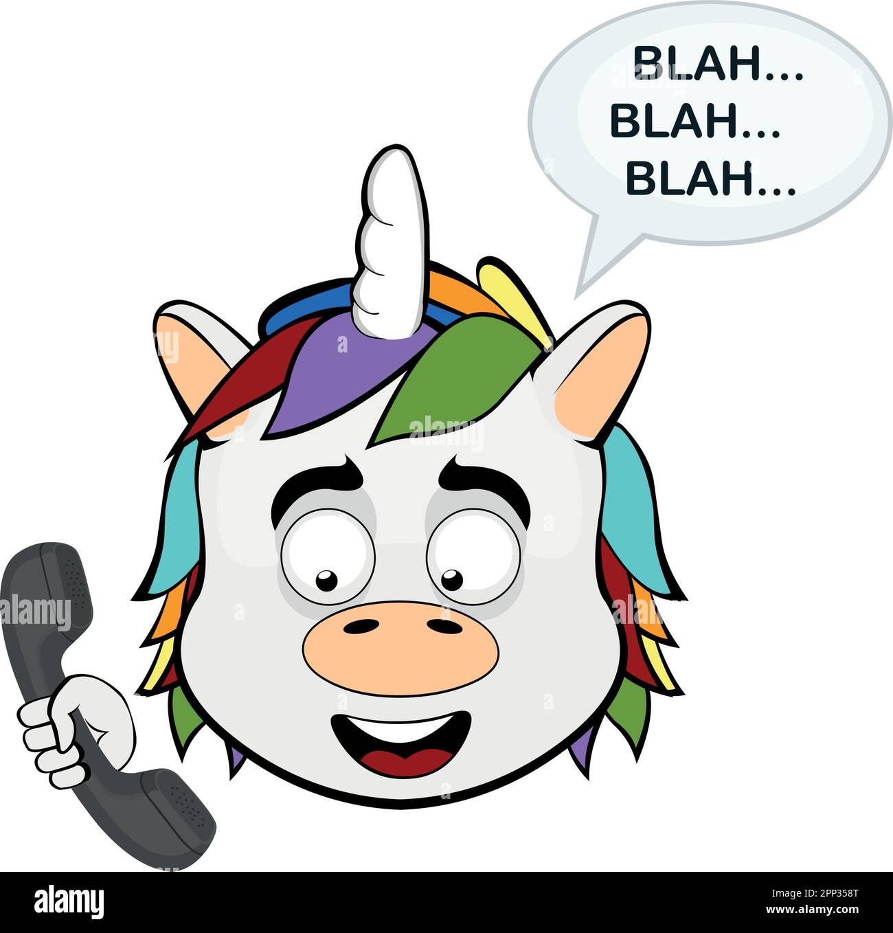 Vector illustration face of unicorn cartoon talking on the phone and a speech bubble with the text blah Stock Vector