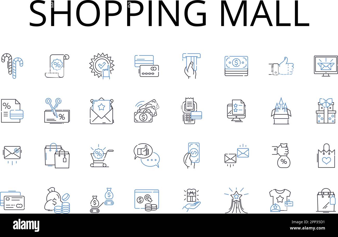Shopping mall line icons collection. Grocery store, Department store, Supermarket, Bazaar market, Flea market, Trading center, Discount store vector Stock Vector