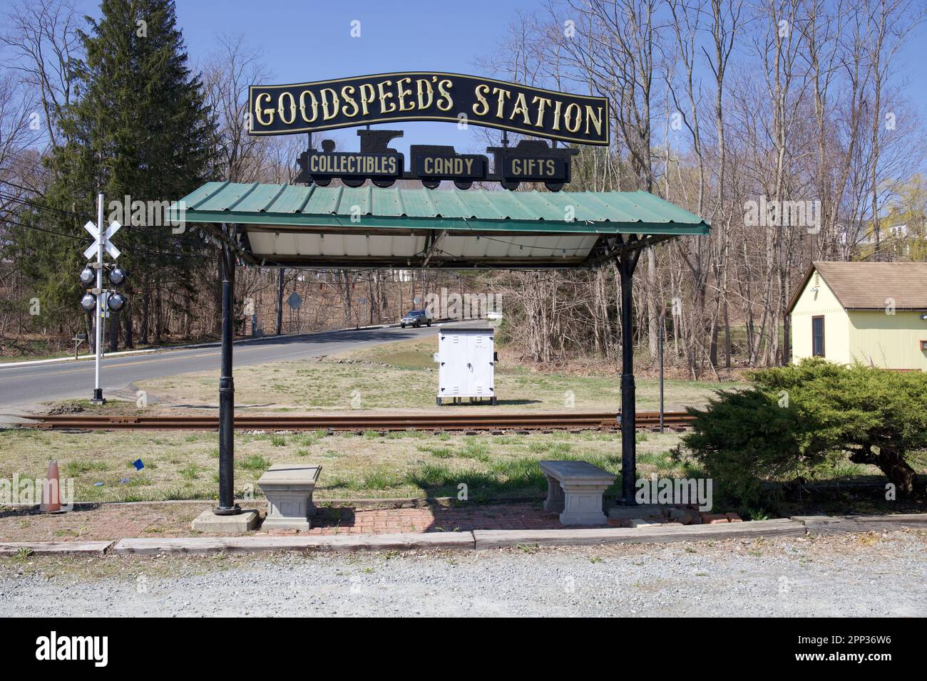 Haddam, Connecticut, USA sign for Goodspeed's Station Collectibles, Candy, and Gifts. With