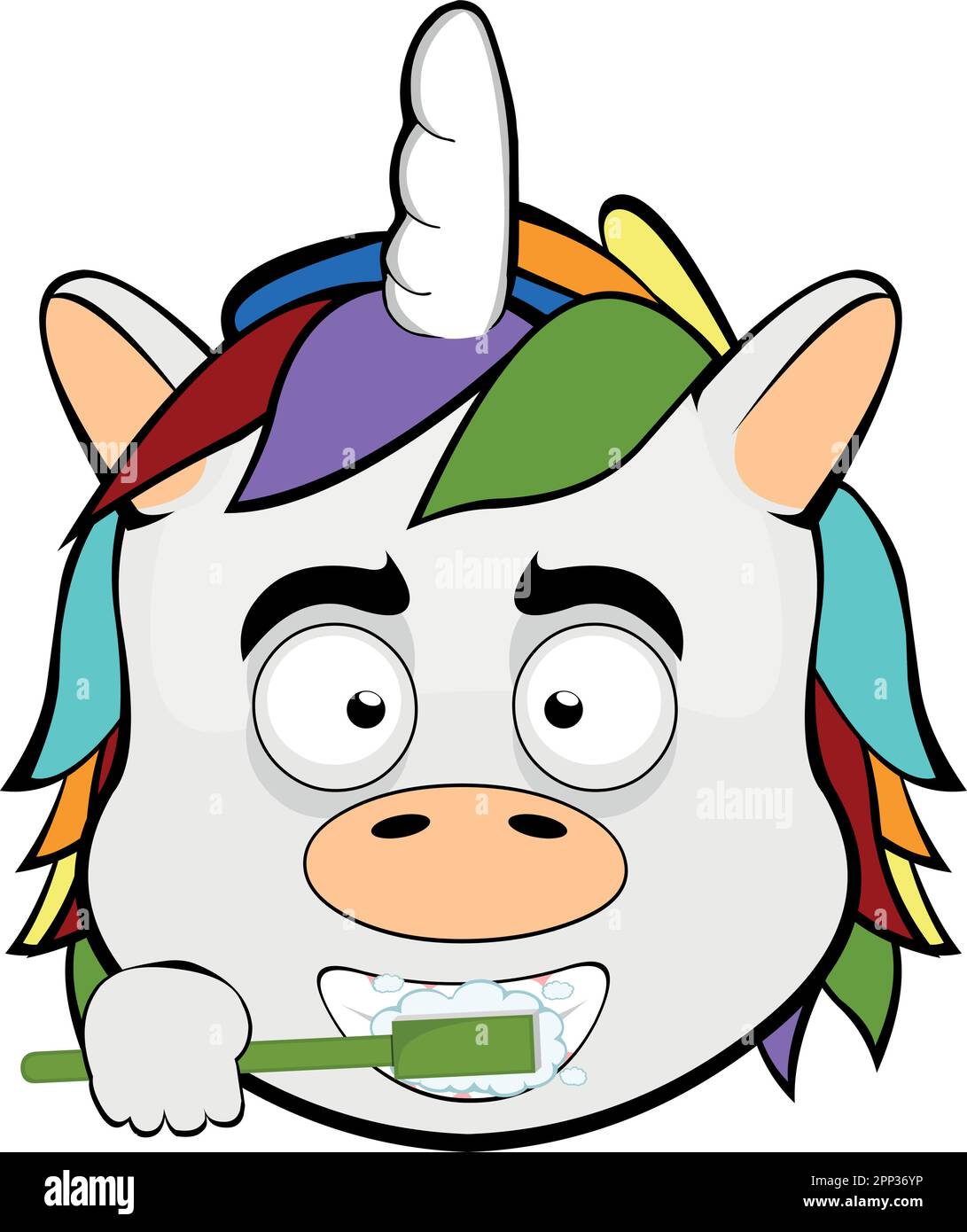 Vector illustration face of a cartoon unicorn brushing his teeth with a toothbrush Stock Vector