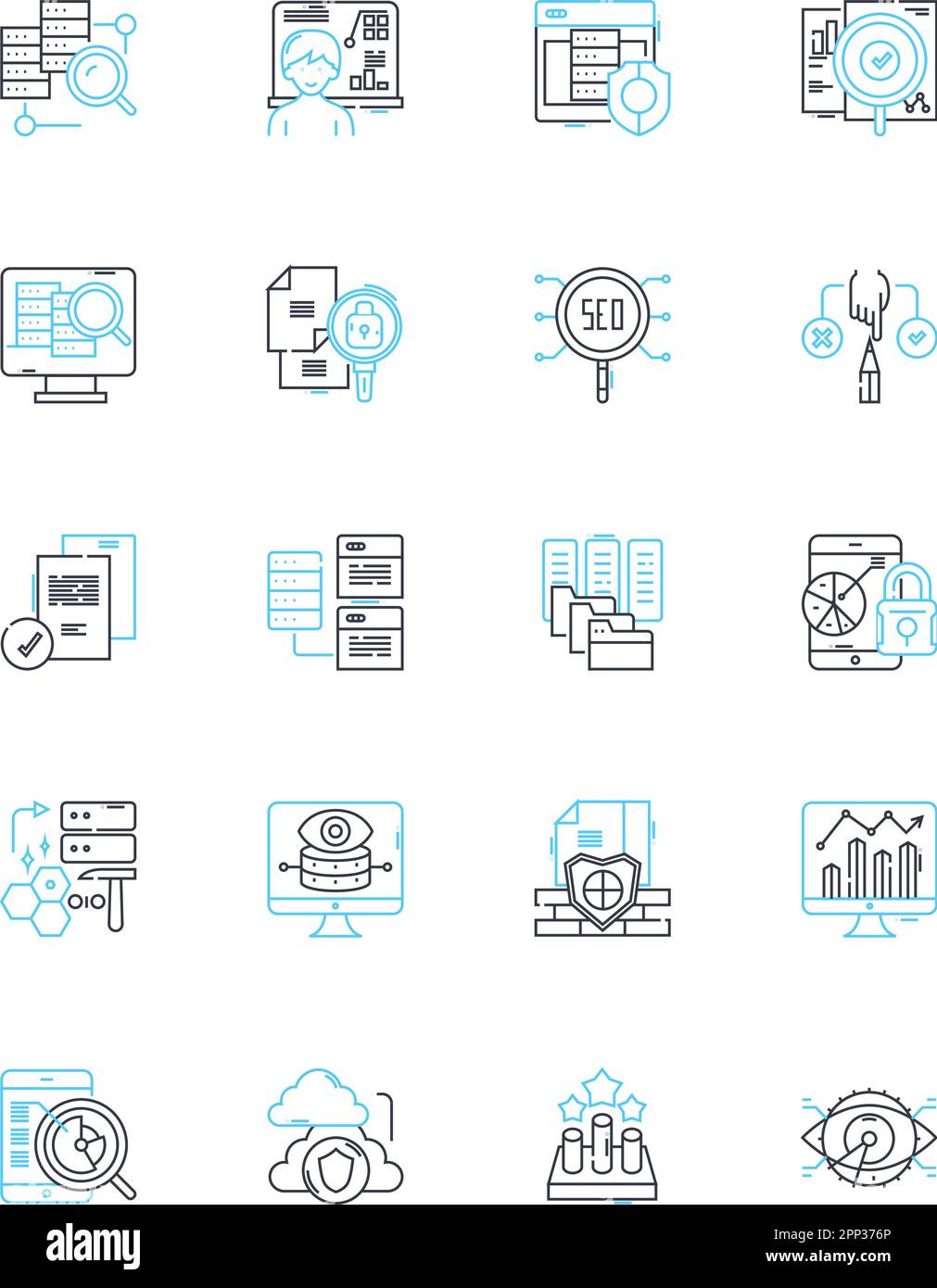 Complex computation linear icons set. Algorithm, Calculation, Computation, Regression, Simulation, Model, Optimization line vector and concept signs Stock Vector