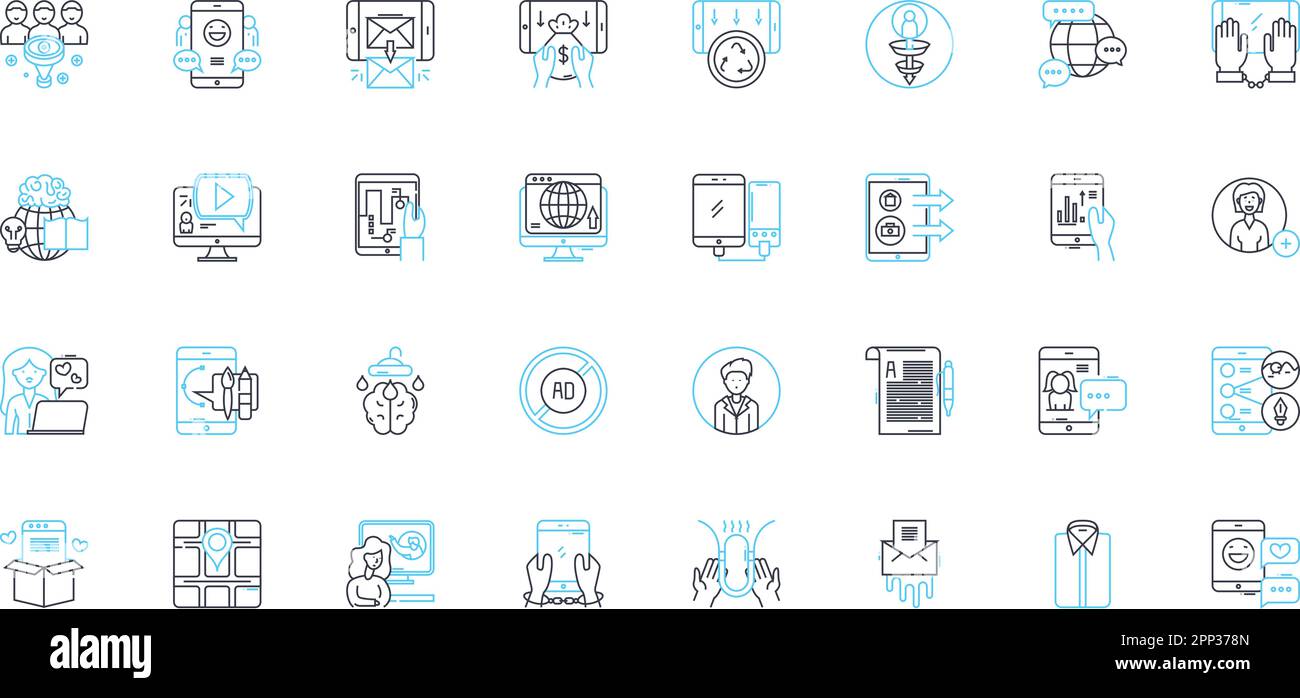 Content experience linear icons set. Engagement, Storytelling, Personalization, Navigation, Design, Interactivity, Immersive line vector and concept Stock Vector