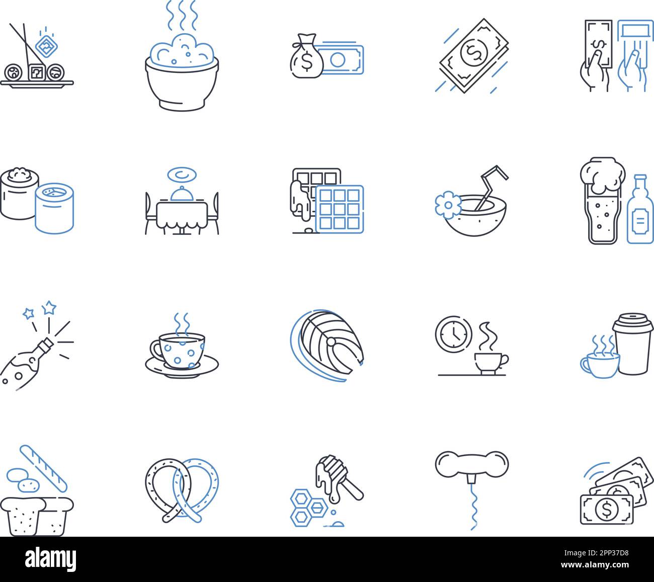 Dining room administration line icons collection. Seating, Menus, Waitstaff, Reservations, Service, Plating, Tableware vector and linear illustration Stock Vector