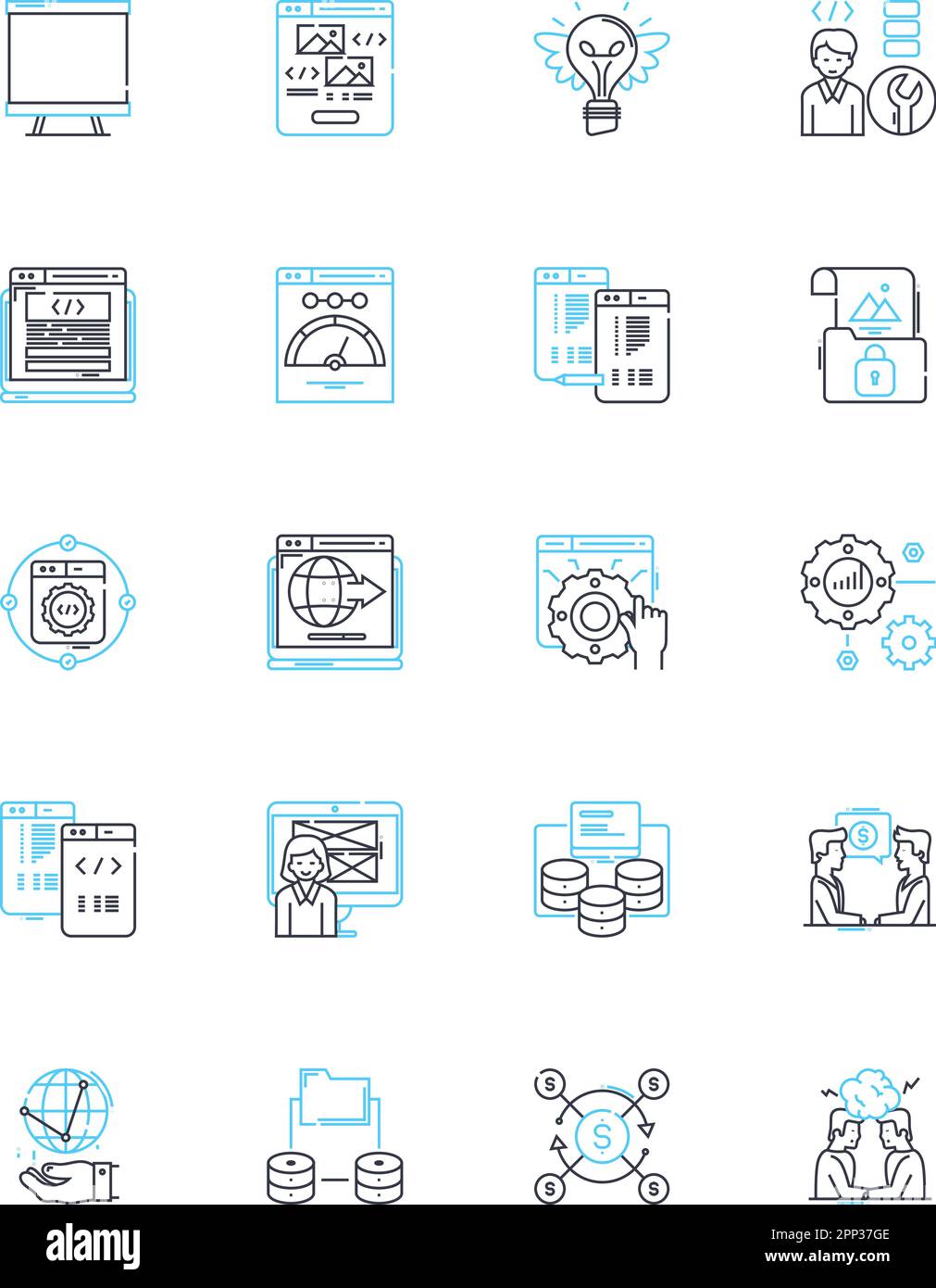 Financial management linear icons set. Budgeting, Savings, Investments, Taxation, Forecasting, Accounting, Auditing line vector and concept signs Stock Vector