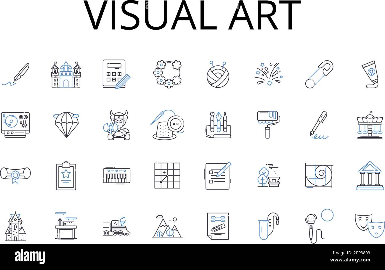 visual art line icons collection. Fine craft, Auditory arts, Performing arts, Concrete poetry, Luxury fashion, Graphic design, Textile art vector and Stock Vector