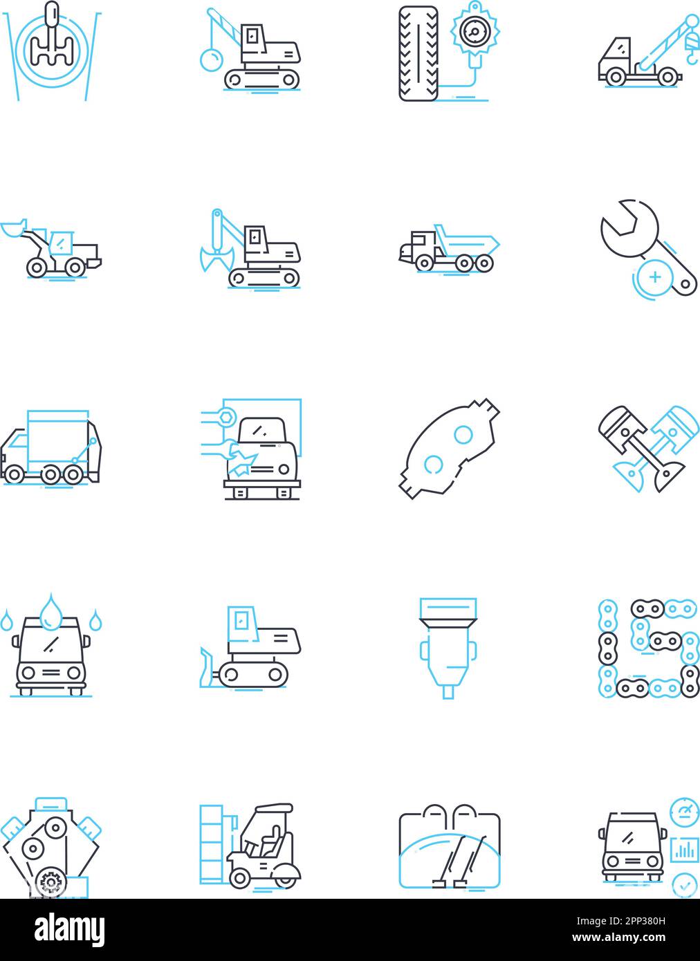 Car repairs linear icons set. Brakes, Transmission, Engine, Suspension