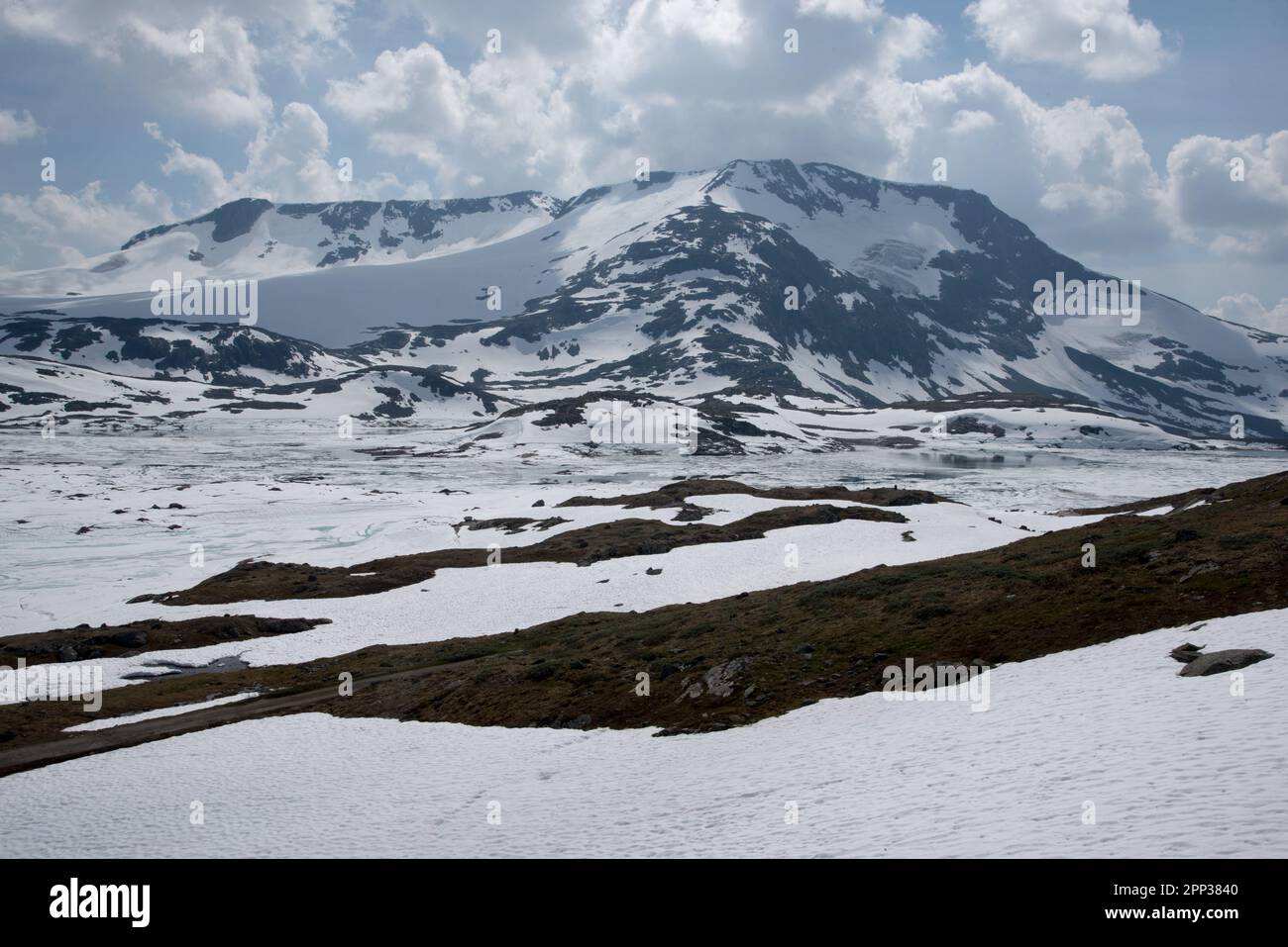 fjell at Fantesteinen in Jotunheimen with snowfields in central Norway's Innlandet county at 1434 meter amsl. Stock Photo