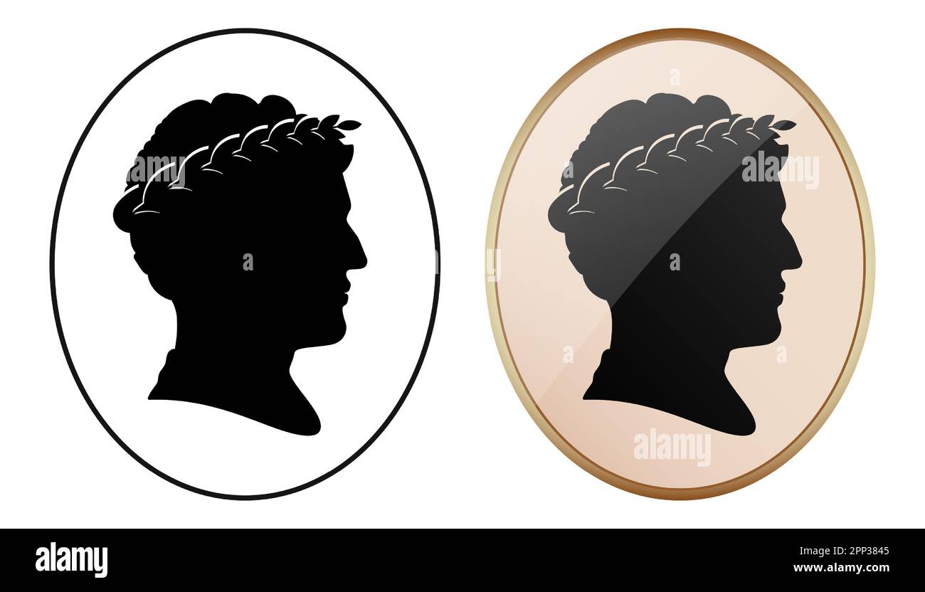 Silhouette portrait of Caesar ruler in black oval frame and cameo jewelry, vector illustration isolated on white background. Stock Vector