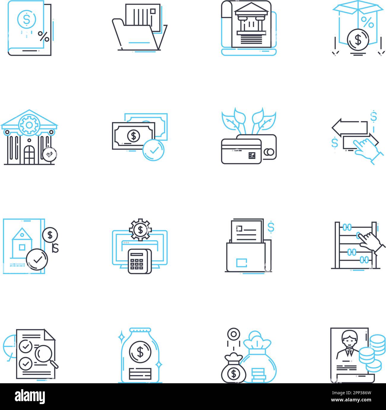 Tax preparation linear icons set. Deductions, Returns, Income, Refunds, Forms, Credits, Filing line vector and concept signs. Audit,Calculator Stock Vector