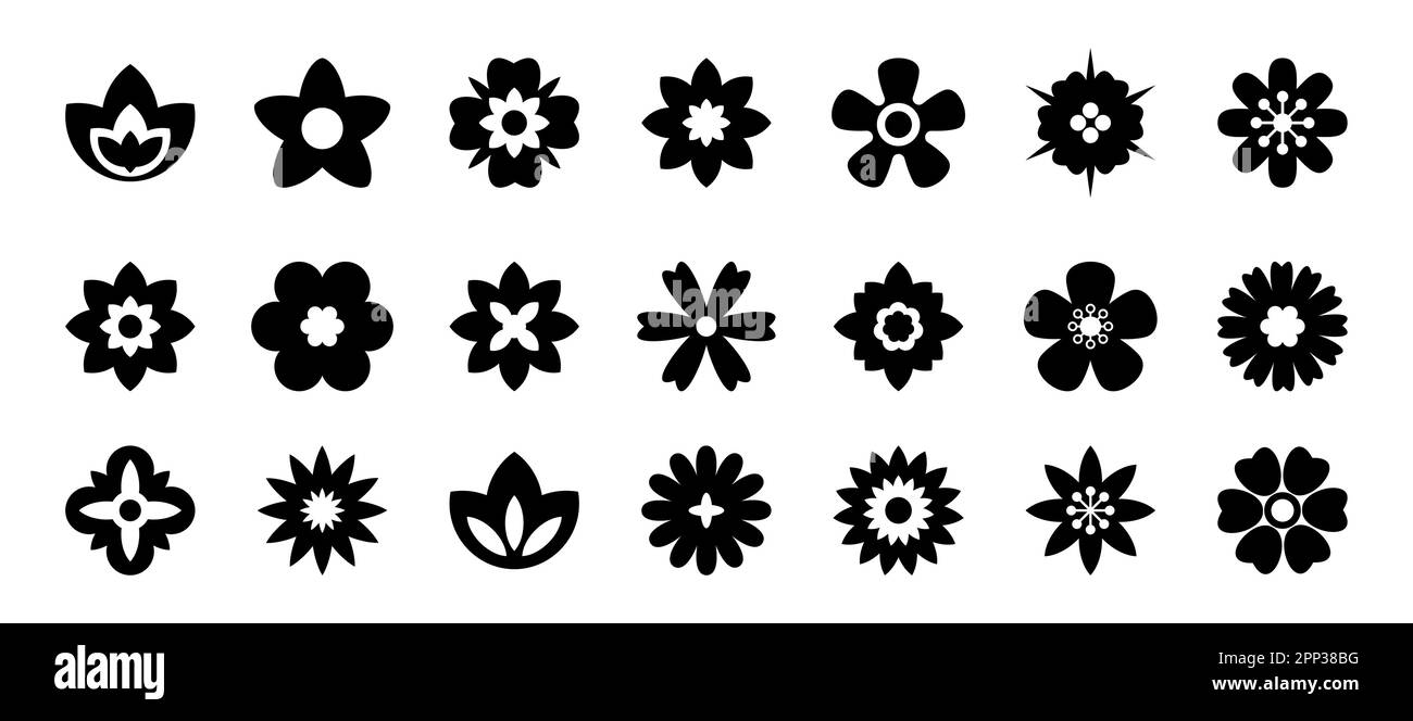Flat black flower icons set. Simple flower silhouette Stock Vector