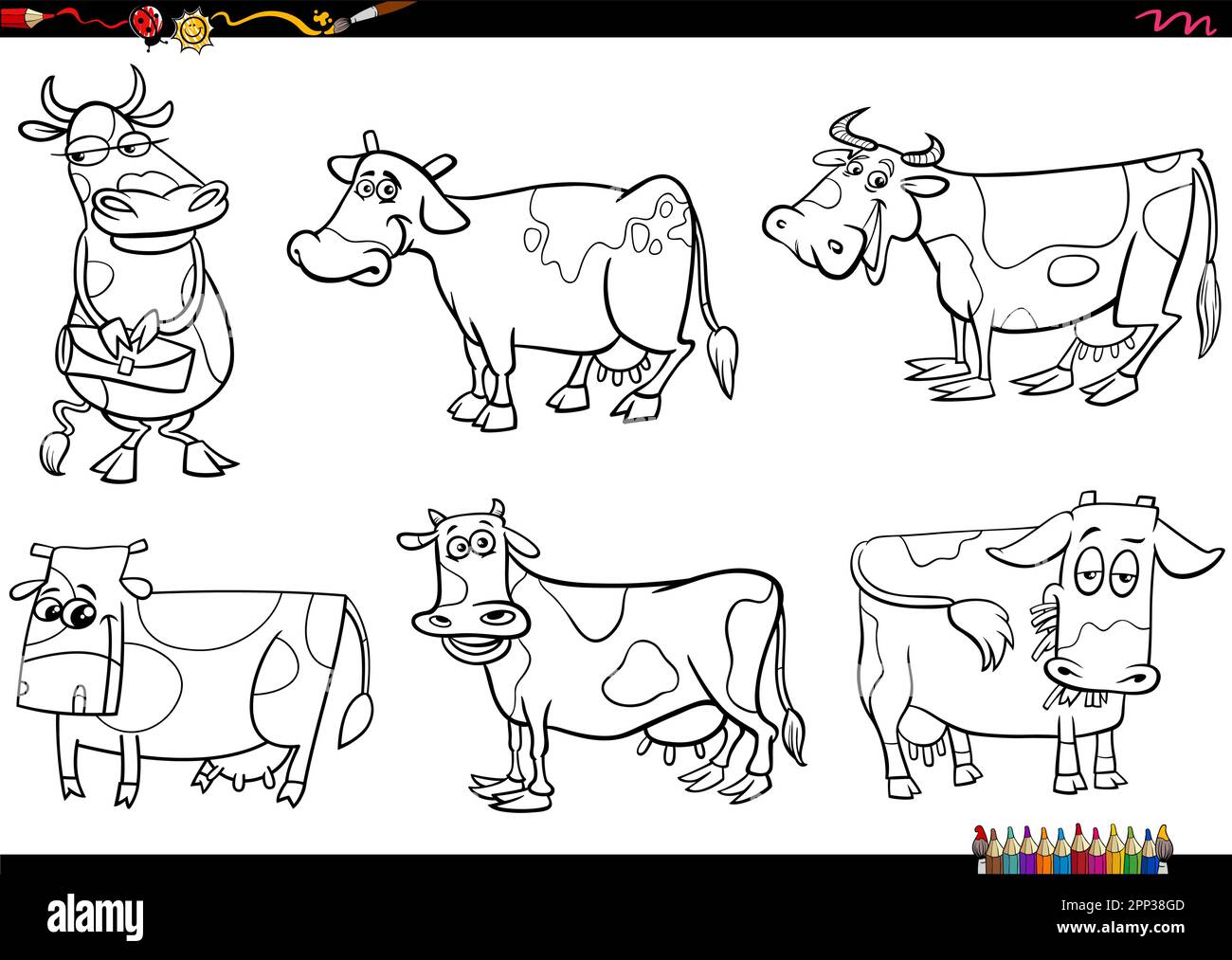 Black and white cartoon illustration of cows farm animal comic